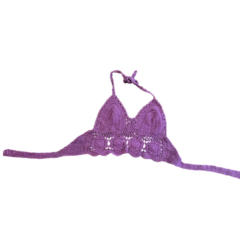 Handmade Purple Crochet Halter Top 100% Cotton Boho Festival One Size
